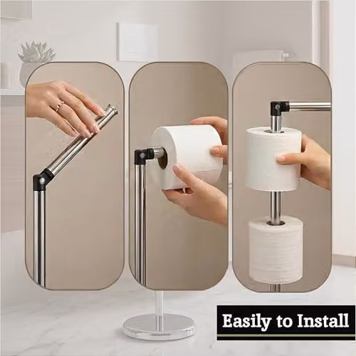 Orsina Luxe Silver Metal Freestanding Toilet Roll Holder with Hinged Arm and Spare Roll Holder, W/D/H: 19 x 35 x 24 cm – 4