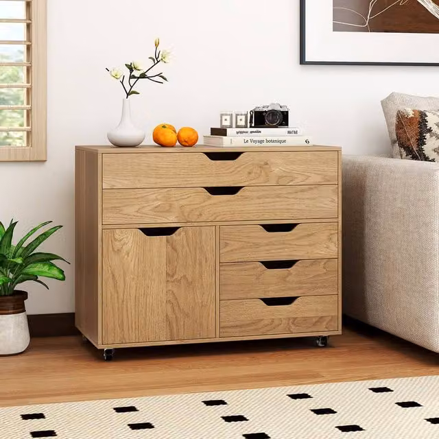 Gymax Mobile Chest of Drawers and Lateral File Cabinet with Printer Stand and Doors in Natural Wood Finish