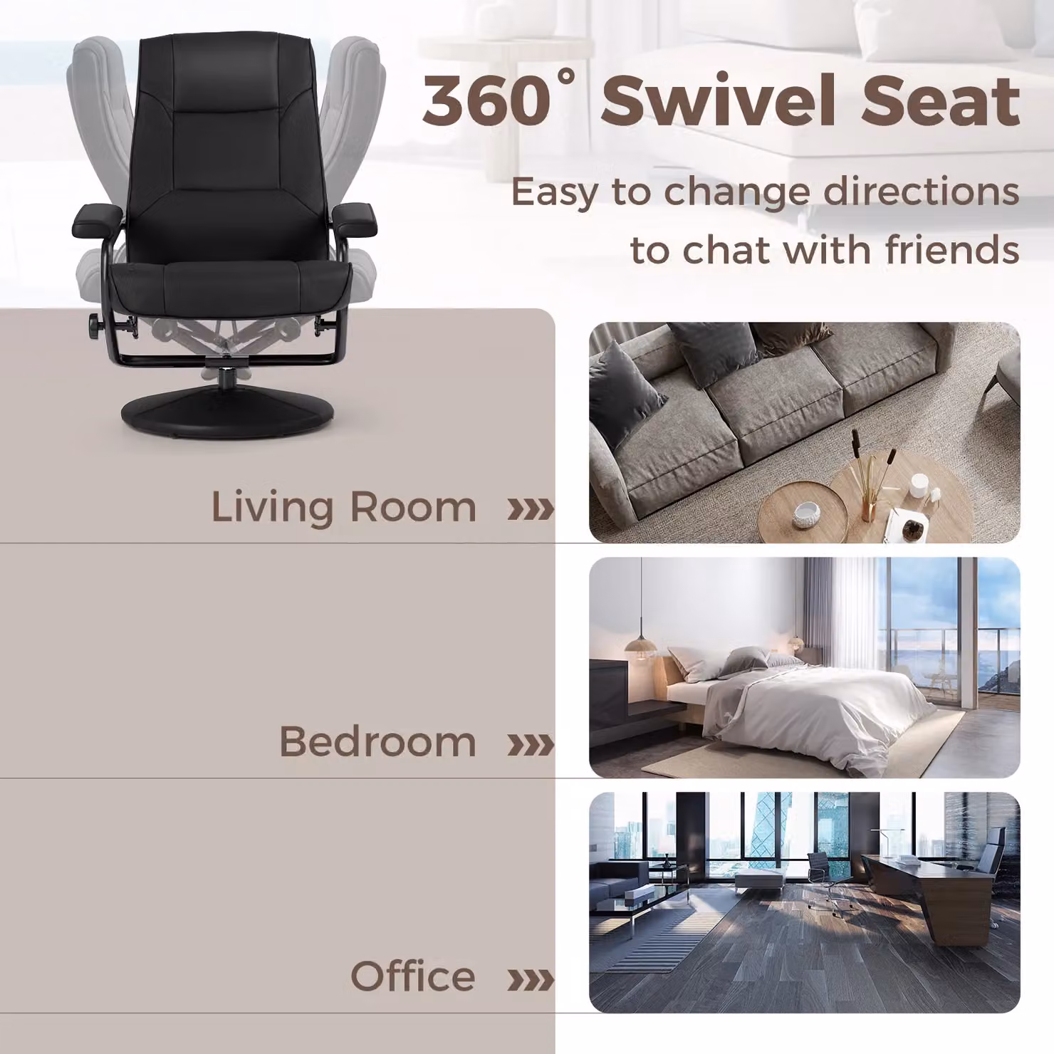 Costway 360 Degree Swivel Reclining Chair with Adjustable Backrest and Ottoman in Black Synthetic Leather – 8