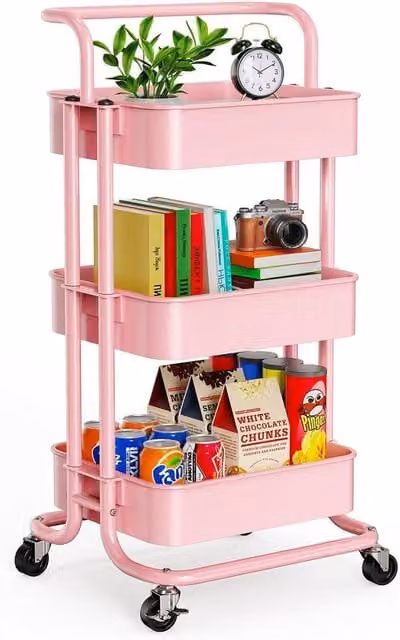 House of Home 3 Tier Metal Storage Cart on Wheels, Pink