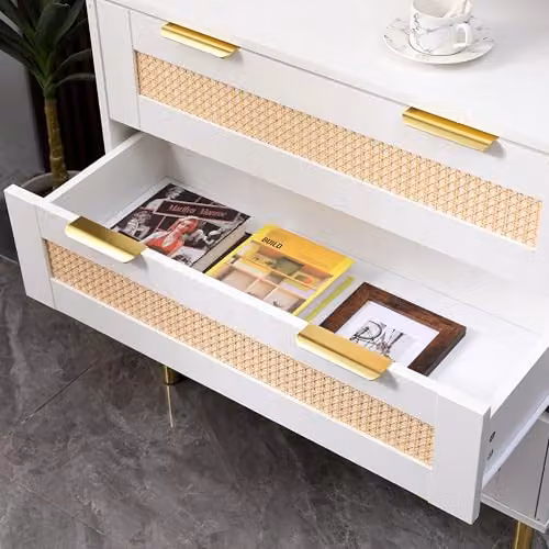 Moderna Chest of Drawers with Rattan Fronts and Gold Accents, White, W/D/H: 80 x 40 x 77 cm – 4