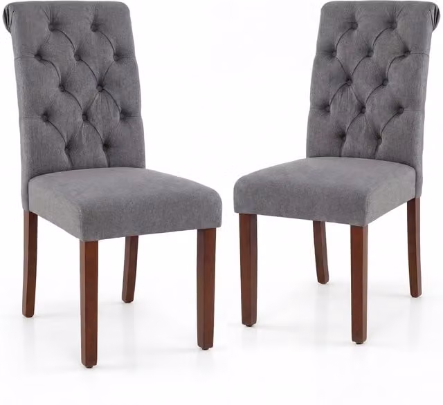 Costway Set of 2 Grey Fabric Button Chairs with Pine and Rubberwood Frames