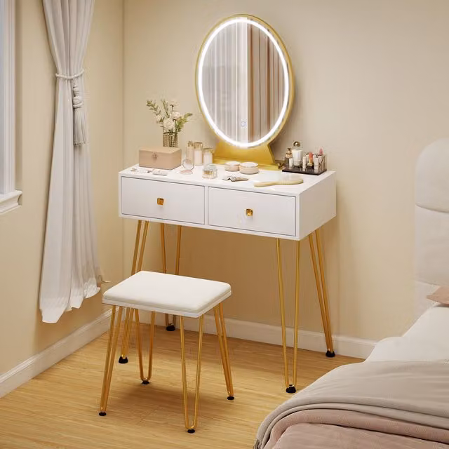 HOMCOM White and Gold Dressing Table Set with Hollywood LED Light, Round Mirror, 2 Drawers and Cushioned Stool