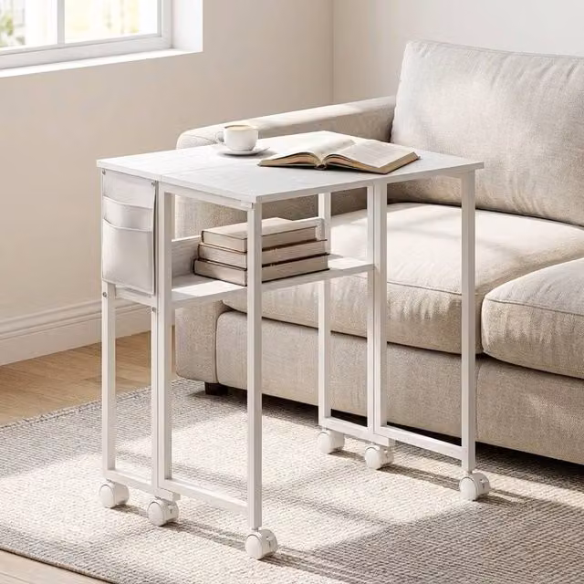 STILVORA Drop Leaf Writing Desk with Shelf and Side Bag in White