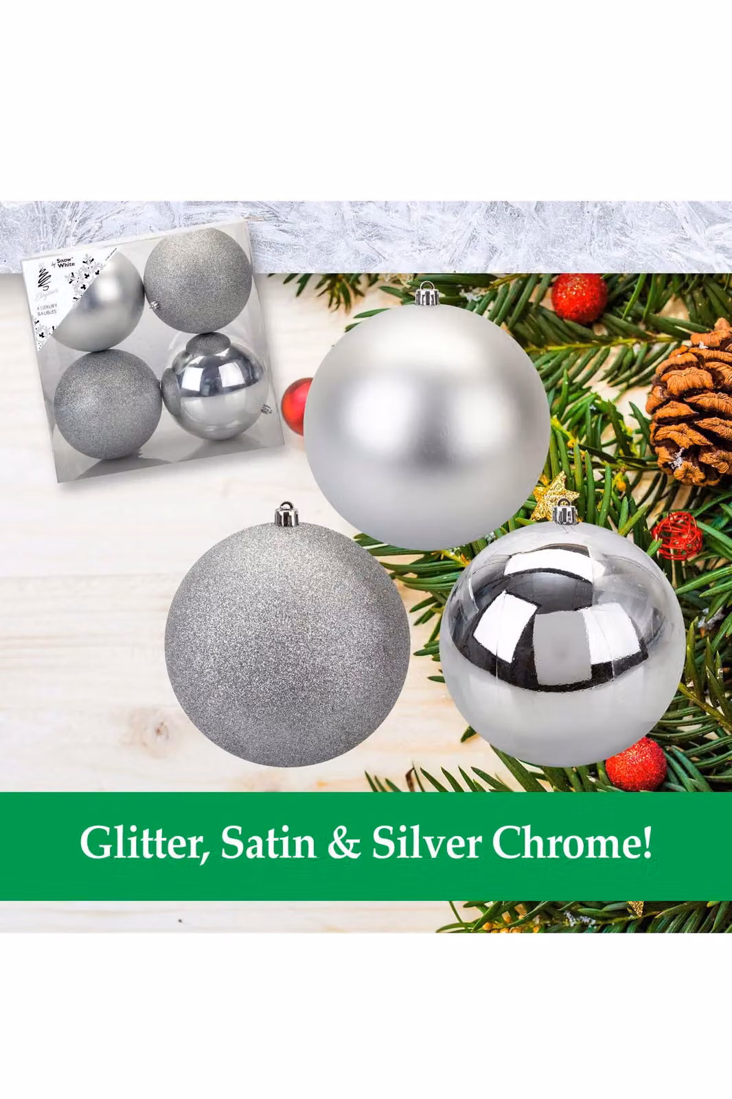 VFM e-Store Silver Round Christmas Baubles, Pack of 3, Diameter: 12 cm – 1