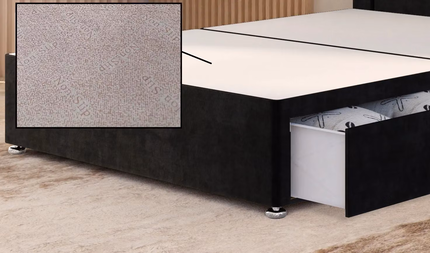Somnior Alexas King Size Divan Bed with 4 Drawers and Floor Headboard in Black Plush Velvet, W/D/H: 180 x 200 cm – 3