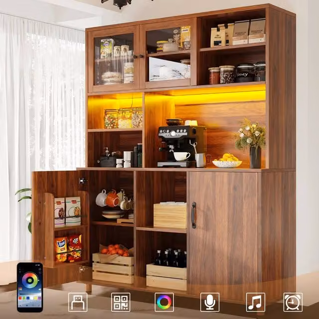 ModernLuxe Kitchen Tall Unit with Glass Sliding Doors and Integrated Lighting in Walnut, W/D/H: 71.5 x 40 x 185 cm
