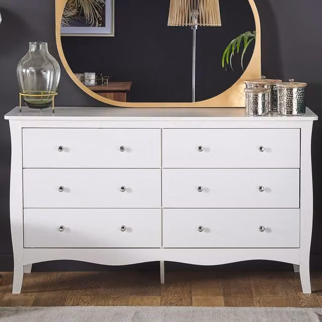 Wyld and Coco White 6 Drawer Modern French Style Chest of Drawers W/D/H: 130 x 40 x 75 cm