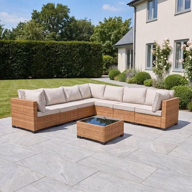 Artemis Home Saviano 7 Seat Modular Large L-Shaped Rattan Corner Set in Tan