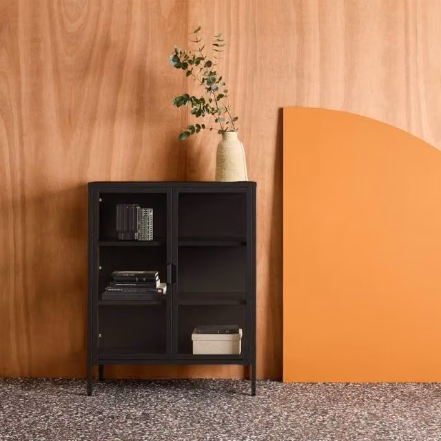 sweeek Industrial Steel and Tempered Glass Display Cabinet with 2 Doors in Black