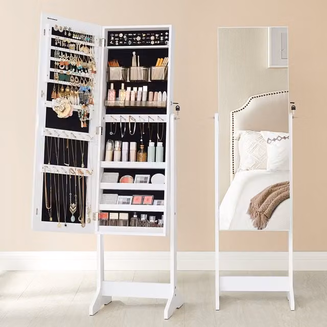 SONGMICS Lockable Jewellery Cabinet with Full-Length Mirror and Cosmetic Storage, White