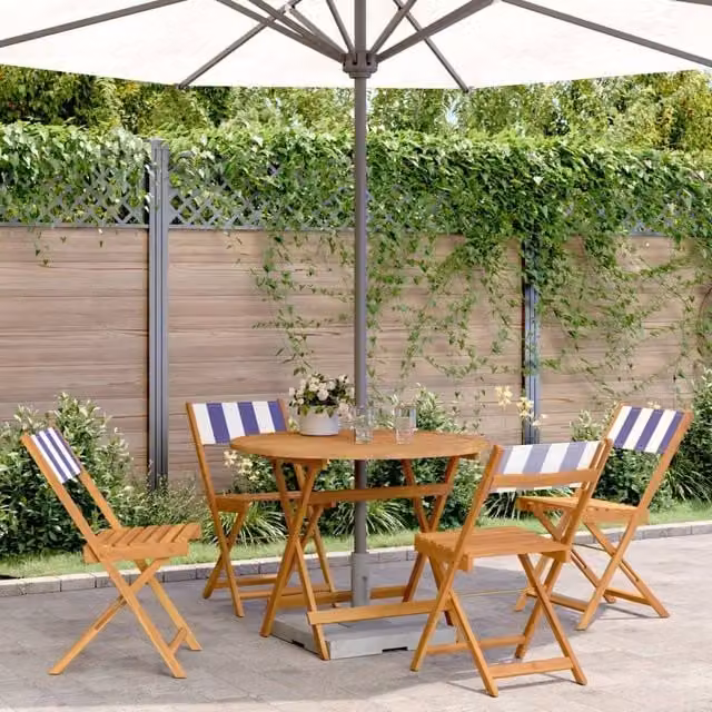 Berkfield Home 5 Piece Acacia Wood Garden Dining Set with Blue and White Striped Fabric – 1