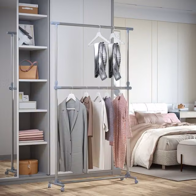 HOMCOM Heavy Duty Adjustable Metal Clothes Rail and Garment Shelf in Grey – 1