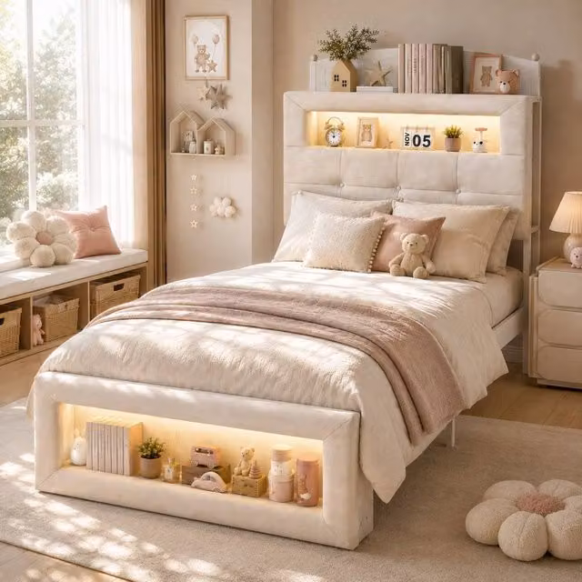 Matteo Single Storage Bed Frame in Beige Velvet with Under-Bed Lighting and Side Compartments, W/D/H: 90 x 190 cm – 1