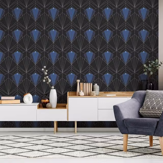 Debona Abstract Geometric Art Deco Vinyl Wallpaper in Blue, Black and Silver