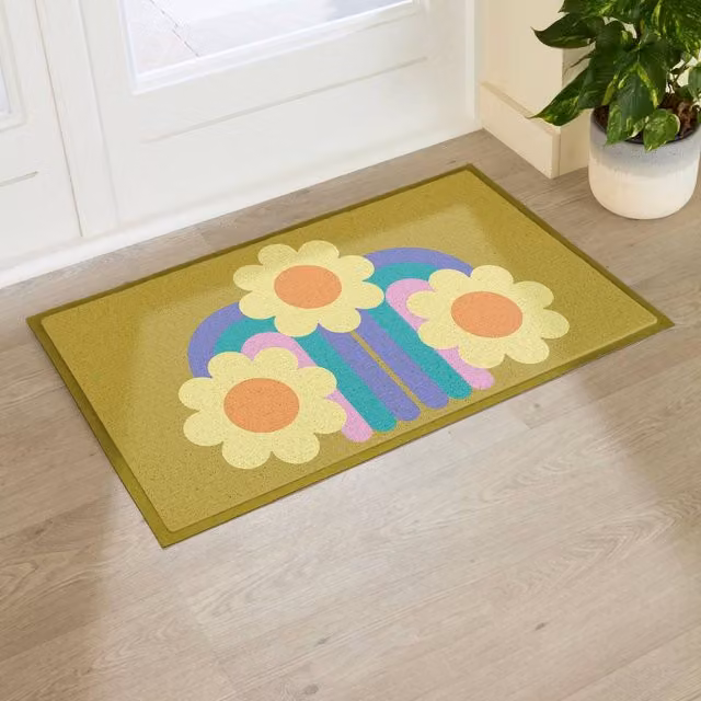 Artsy Mats Elizabeth Olwen Three Flowers Indoor/Outdoor Doormat in Mustard and Multicolour, W: 90 cm, D: 60 cm – 1