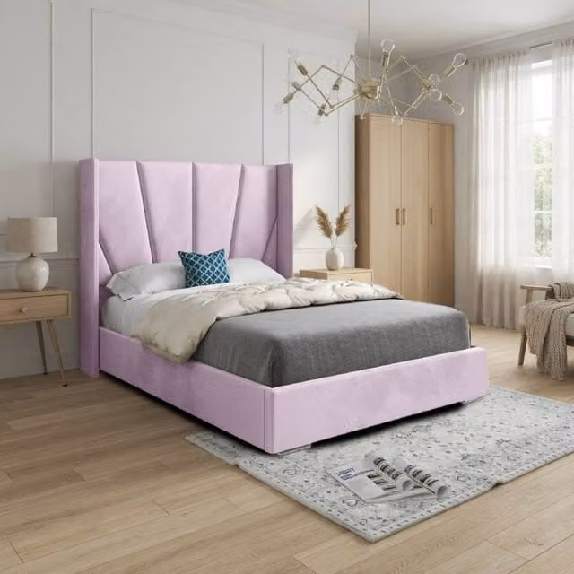 KDMD Glapthorn Wide Curved Pink Soft Velvet Upholstered Designer Bed Frame, Size: Double (140 x 200 cm)