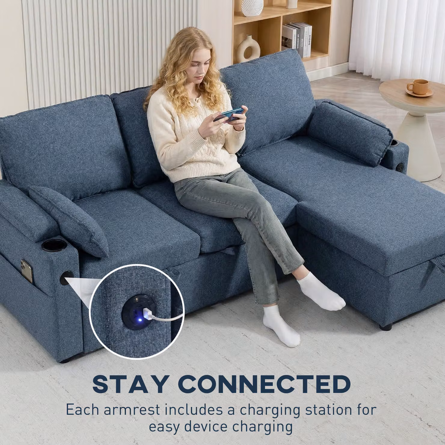 HOMCOM L-Shaped Corner Sofa Bed in Blue with Reversible Storage Chaise, USB Charging and Cup Holders – 8