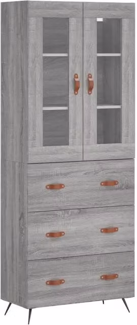 Berkfield Home Sonoma Highboard in Grey with Glass Doors and Internal Shelves, W/D/H: 69.5 x 34 x 180 cm – 1