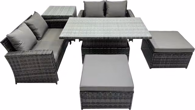 Fimous 6 Seat Outdoor Love Sofa Set with Large Stools in Dark Grey Rattan – 1