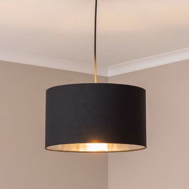ValueLights Reni Large Cylinder Pendant Lamp Shade in Black and Chrome Inner with Warm White Bulb, Width: 45 cm