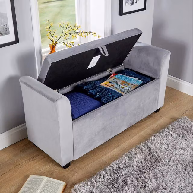 Home Source Verona Sleigh Style Window Storage Box Seat in Grey Velvet