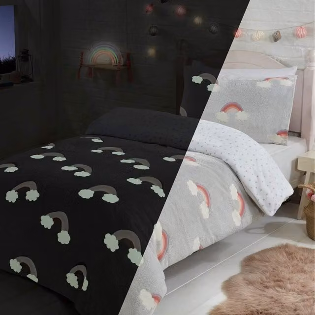 Sleepdown Childrens Glow In The Dark Rainbow Fleece Duvet Set and Pillowcase, Grey, W: 140 cm, L: 200 cm