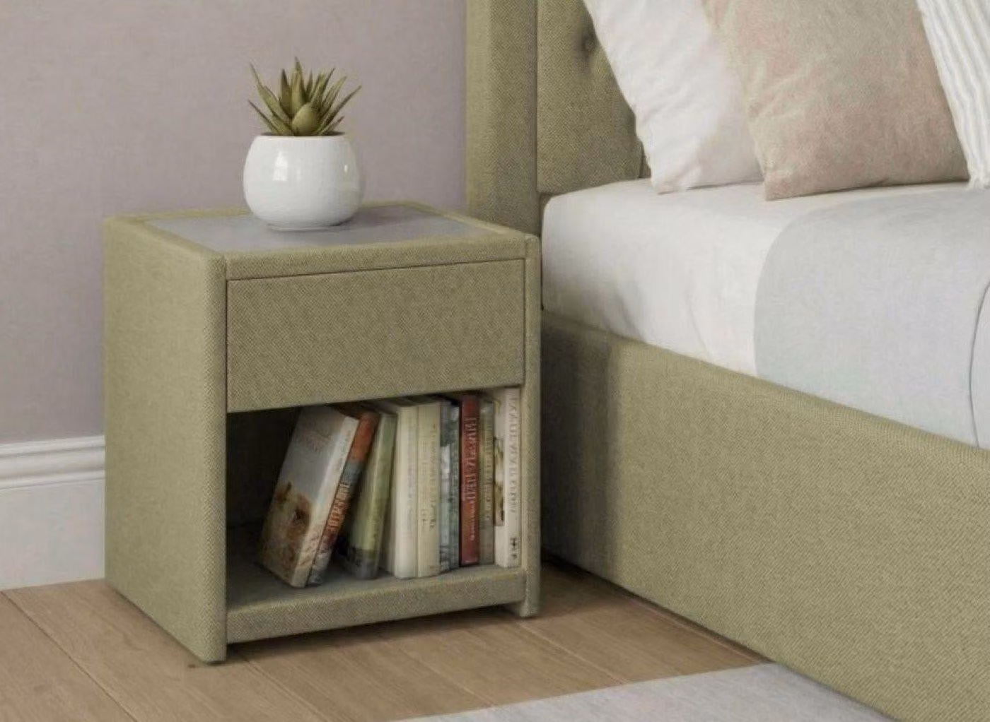 Dreams Robyn Upholstered USB Charging Bedside Table in Beige