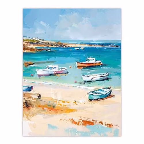 Artery8 Sandy Beach Bay Fishing Boats Coastal Landscape Wall Art Poster Print, Multicolour, W: 45.72 cm x H: 60.96 cm