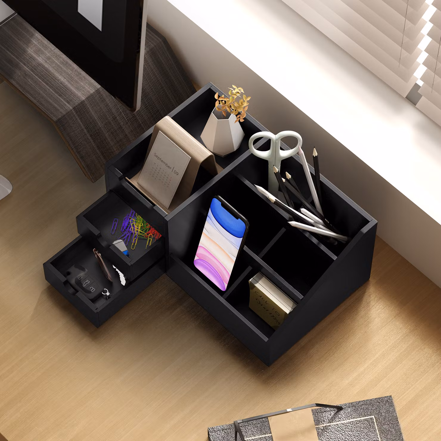 HOMCOM Black Bamboo Desk Organiser with 7 Compartments and 2 Drawers – 9
