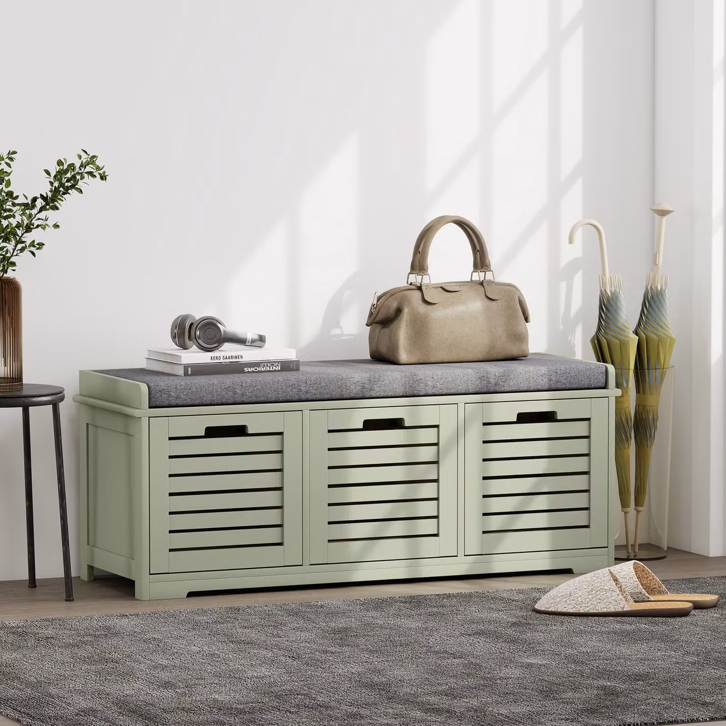 HOMCOM 3-Drawer Shoe Storage Bench in Green with Upholstered Fabric Seat, W: 108.0 cm, D: 43.0 cm, H: 22.0 cm – 2