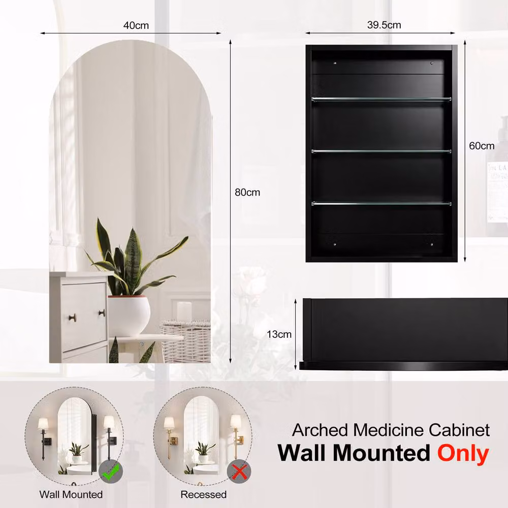 KEEPREAPER Sleek Black Wall Mounted Bathroom Mirror Cabinet with LED Lighting and Glass Doors, W: 40 cm, H: 80 cm – 2