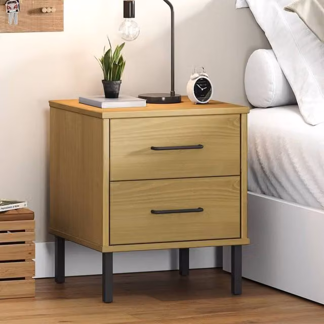 Berkfield Home Oslo Bedside Cabinet in Brown Solid Pine Wood with Metal Legs – 1
