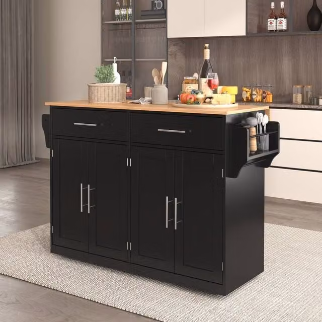 BTM Black Wood Kitchen Island on Wheels with Drop Leaf Folding Table and Serving Cart Trolley – 1