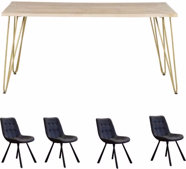 IH Design Dallas Mango Wood Rectangular Dining Table Set with 4 Chairs in Brown, Gold, Black and Beige