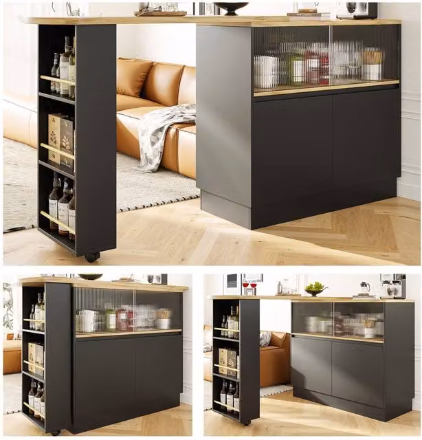 BTM Modern Black Matt Dining Bar with Glass Doors and Internal Shelves, W/D/H: 103 x 45 x 90 cm