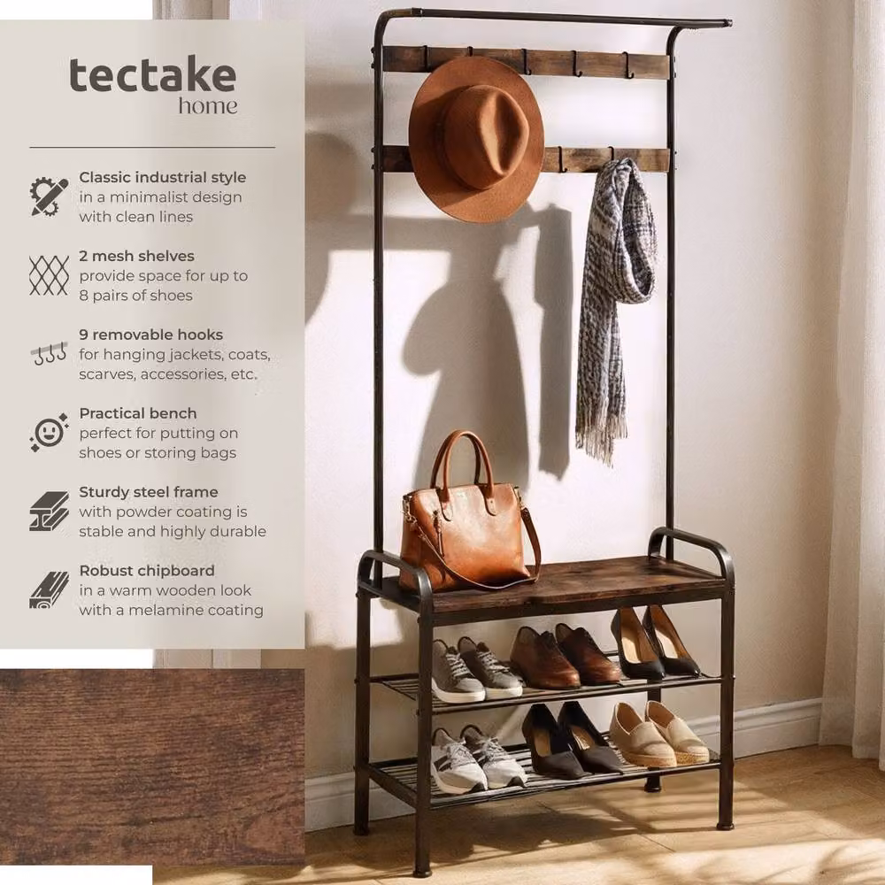 tectake Wichita Industrial Hall Tree with Bench and Dual Hook and Rail Matrix in Brown – 2