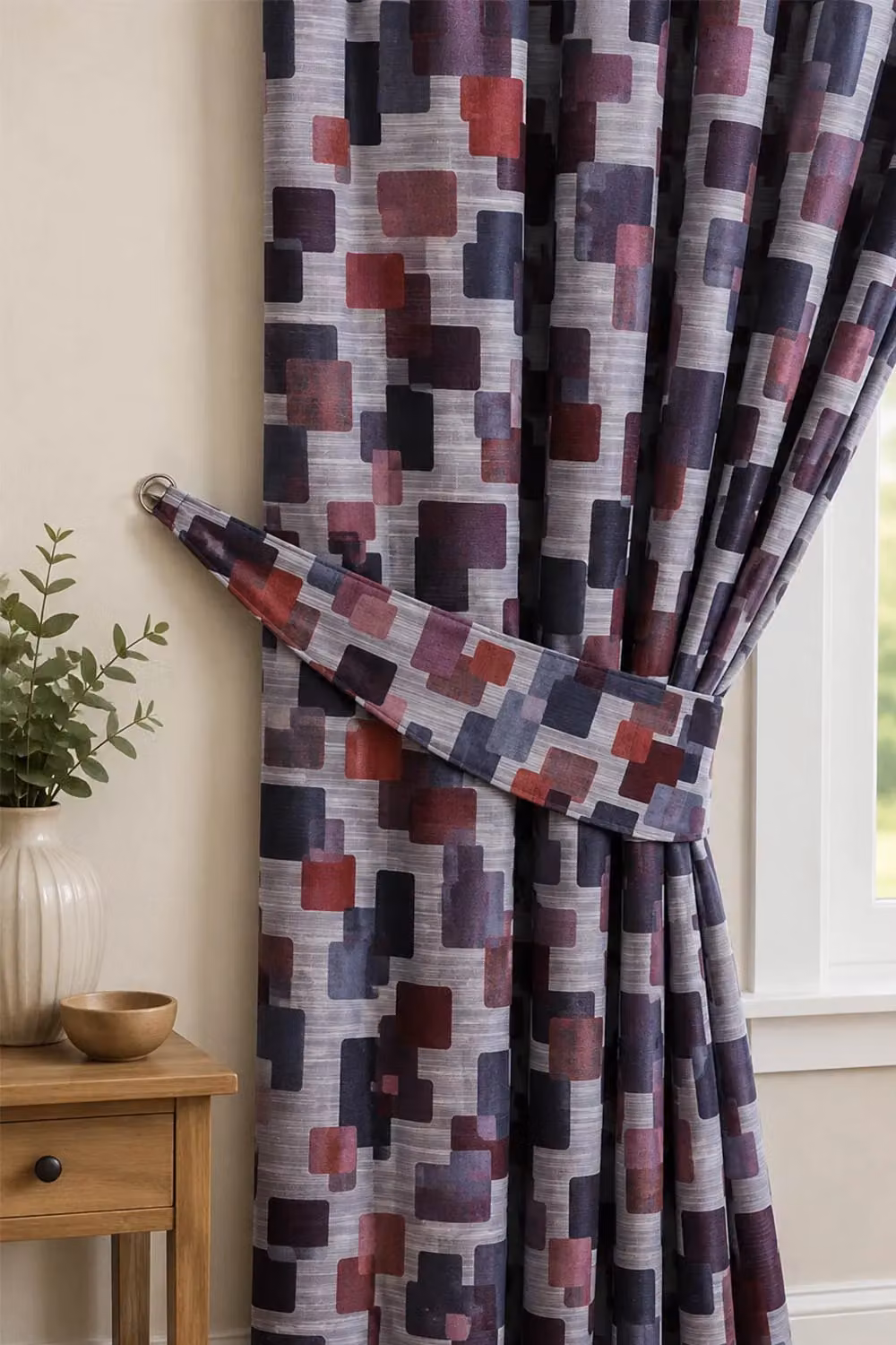 HOMESCAPES Blue and Purple Modern Blocked Square Pattern Curtain Tie Back Pair – 3