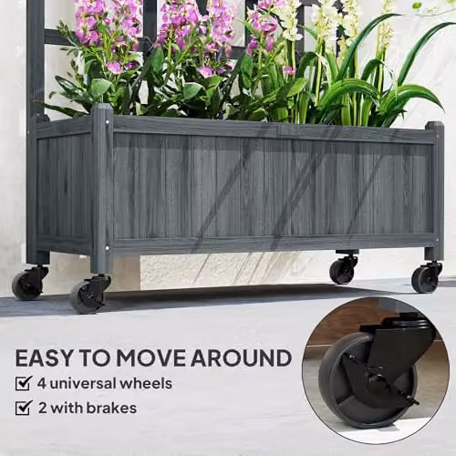 Outsunny Wooden Trellis Raised Garden Bed with Wheels, Grey, W/D/H: 186 x 54 x 35 cm – 5