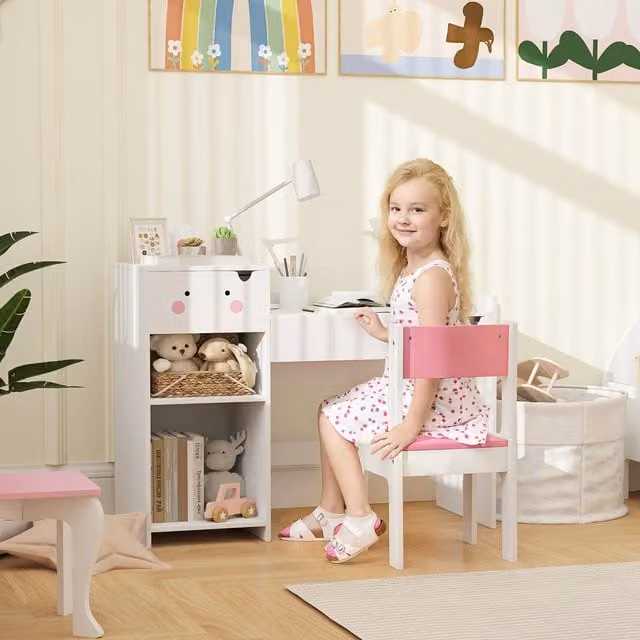 AIYAPLAY Kids Desk and Chair Set in White and Pink
