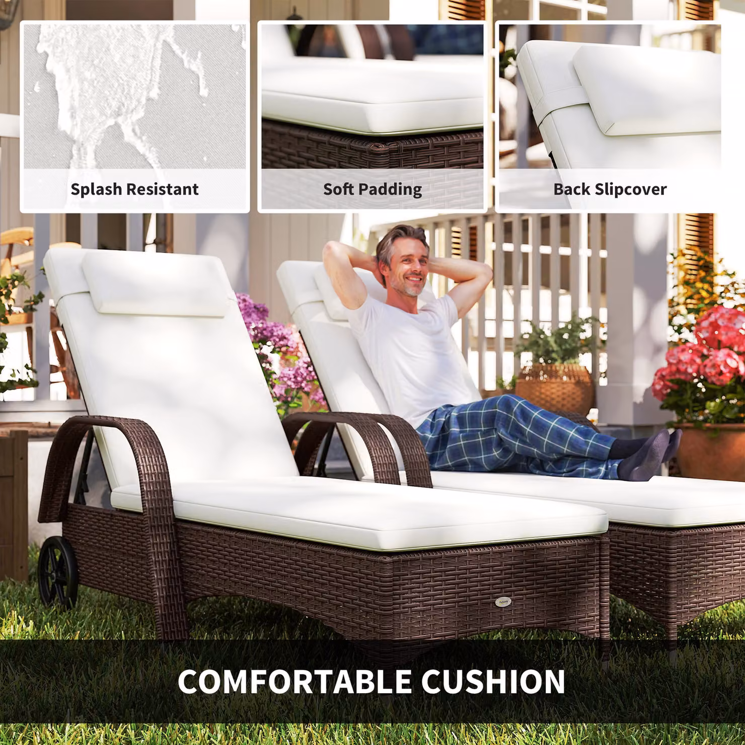 Outsunny 3 Piece Brown PE Rattan Patio Lounge Chair Set with Cushions and Castors – 6