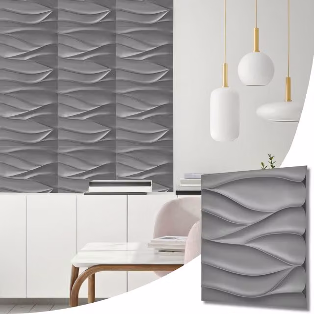 NOVECRAFTO Grey Silver Wavy Effect 3D PVC Wall Panels, W/D/H: 50 x 50 x 0.25 cm
