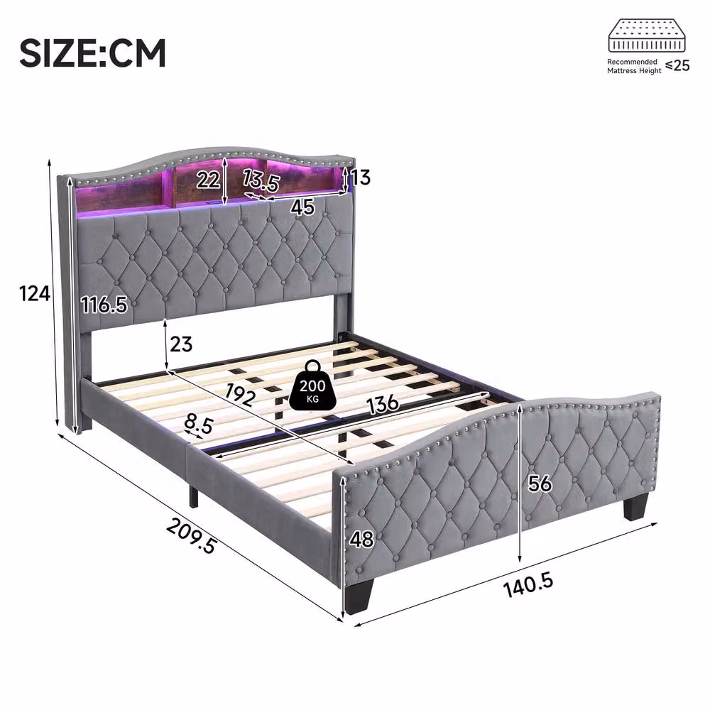BTM Grey Velvet Upholstered Double Bed Frame with LED Under-Bed Lighting and Storage Headboard, W/D/H: 140 x 200 cm – 2