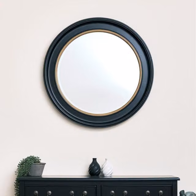 Melody Maison Vintage Round Wall Mounted Mirror in Black and Gold, Diameter: 80 cm