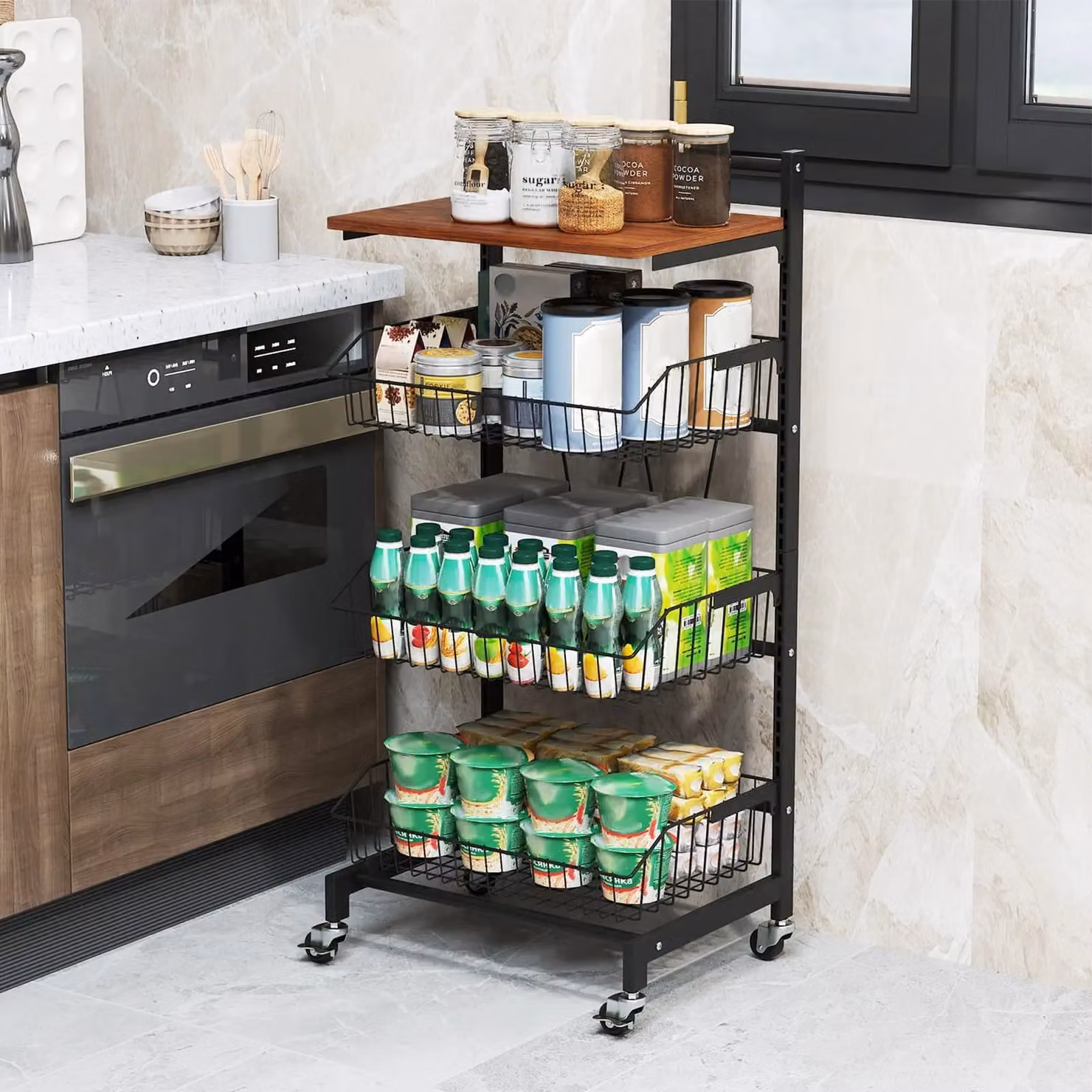 Costway Black Kitchen Storage Cart on Wheels with Adjustable Shelves – 3