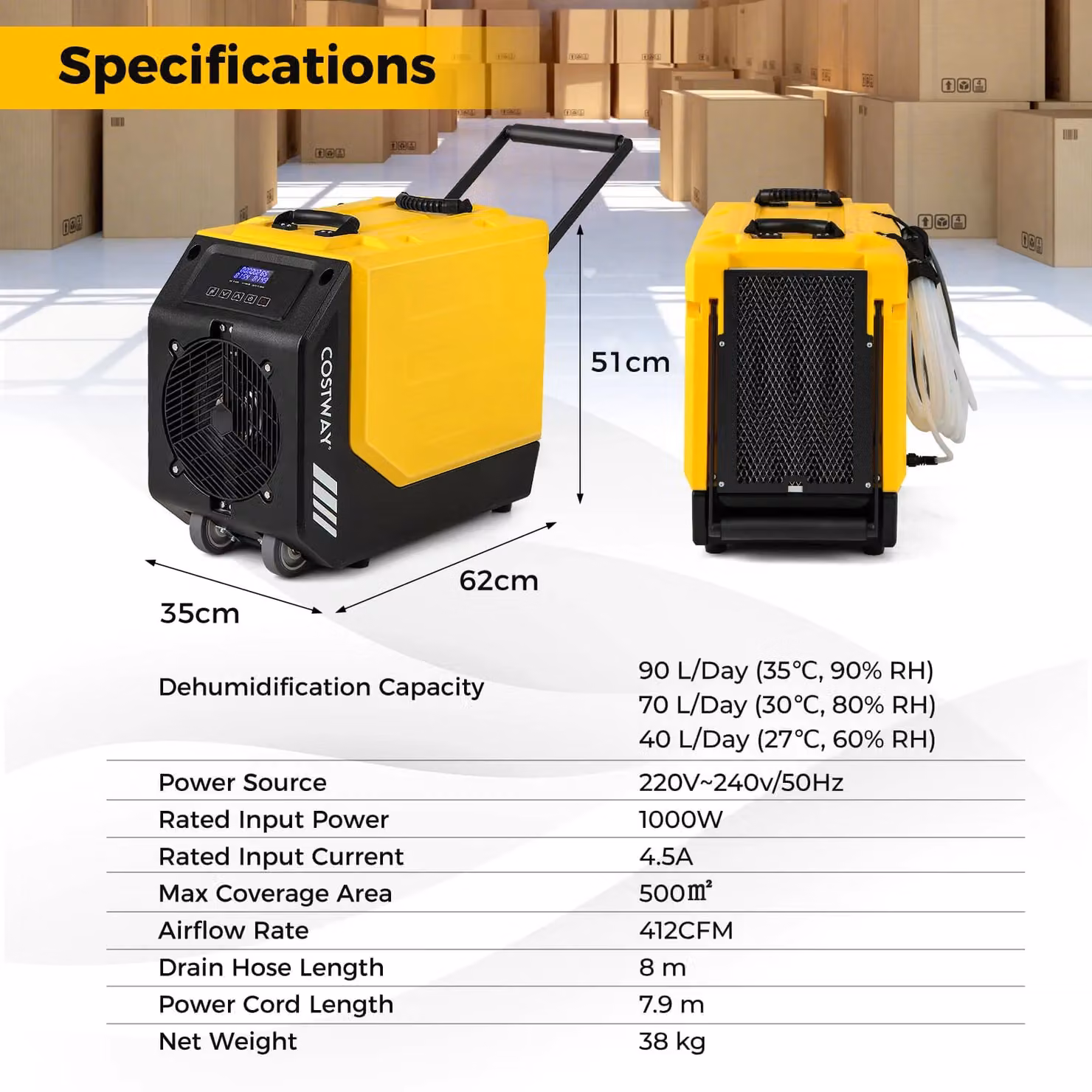 Costway Industrial Dehumidifier with Pump, 90L/Day Capacity, Yellow – 2