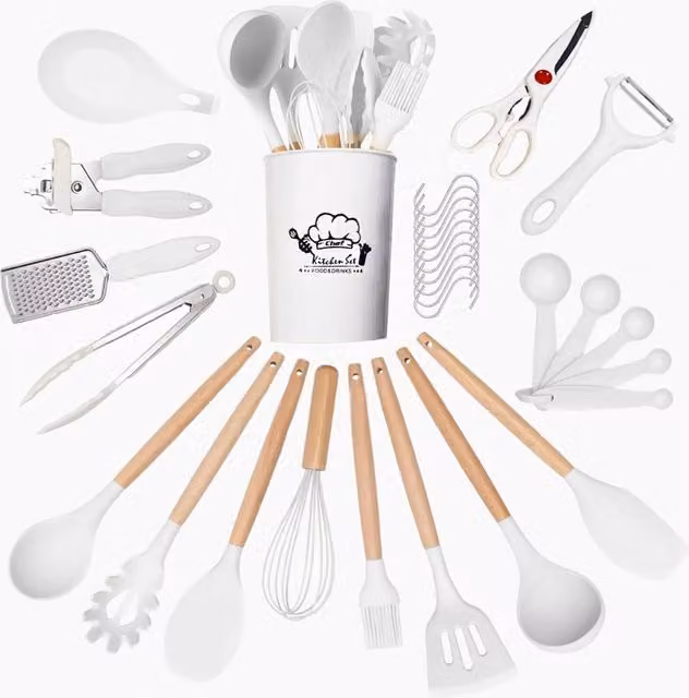 Atek 35 Piece Kitchen Utensils Set in White and Black with Silicone, Wood and Metal Components