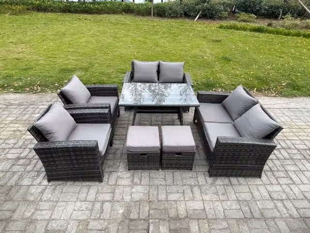 Fimous Rattan Garden Furniture Set with Rectangular Dining Table, Double Seat Sofa and 2 Small Footstools in Dark Grey