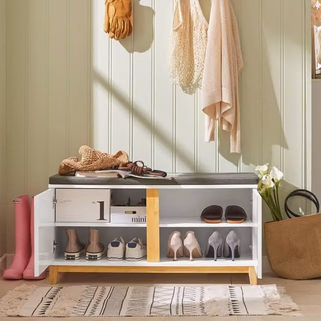 SoBuy White Entrance Bench with Shoe Rack and Bamboo Legs