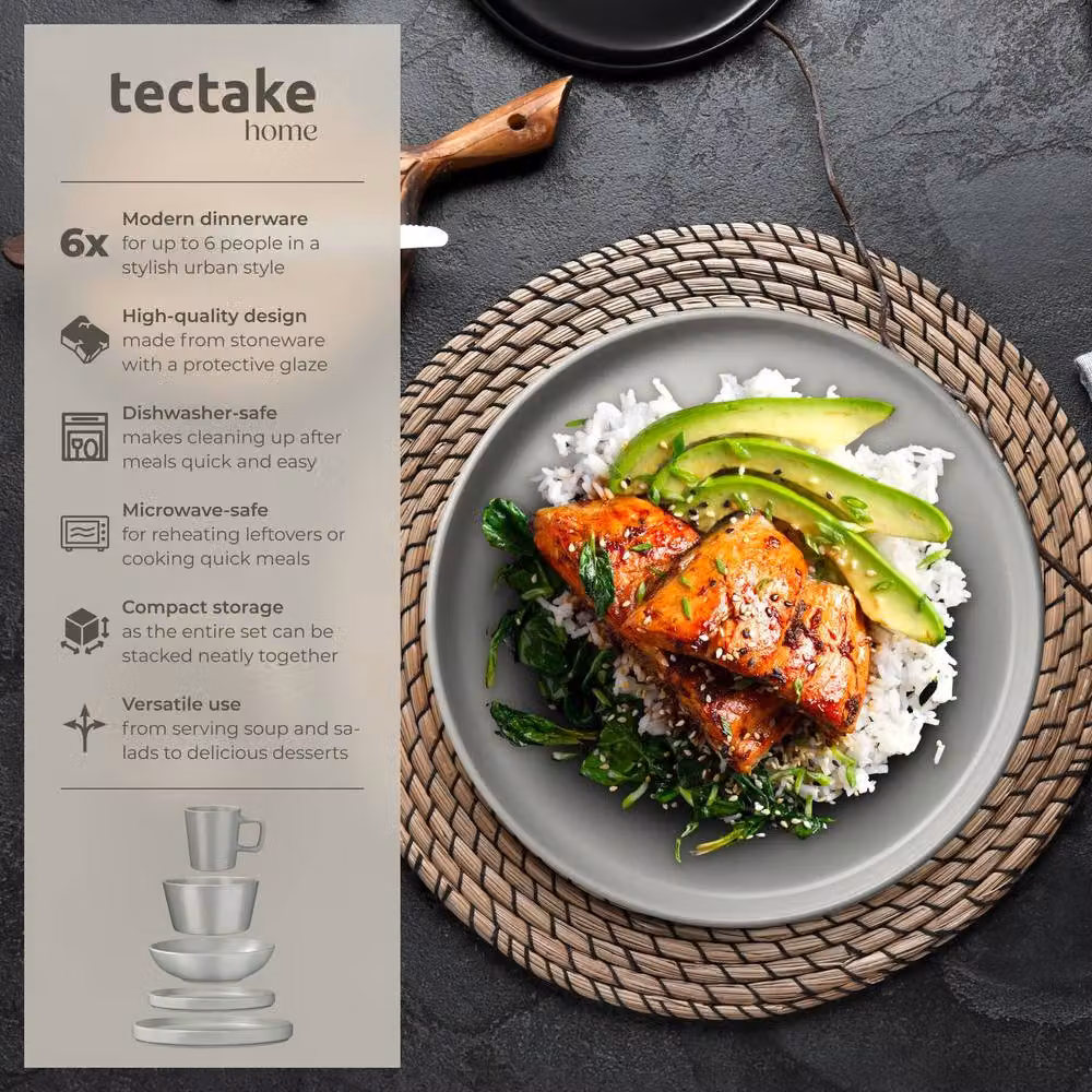 tectake Una 30 Piece Stoneware Dinnerware Set in Grey – 2